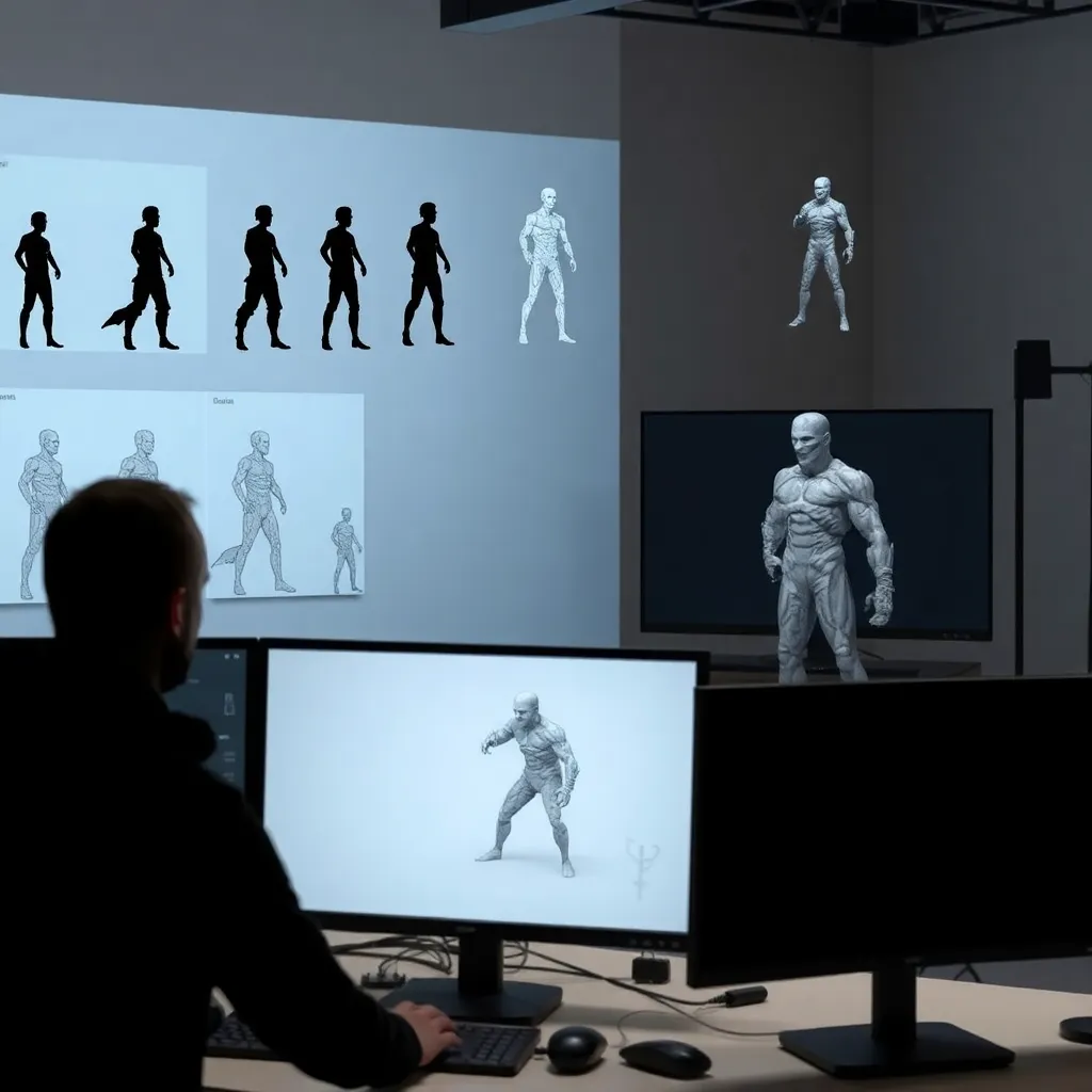 Joven artista 3D española con pelo castaño trabajando en estudio de Barcelona