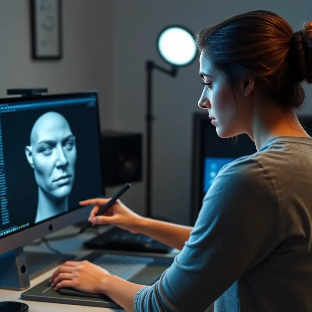 Artista digital española realizando escultura detallada en ZBrush en estudio de Madrid