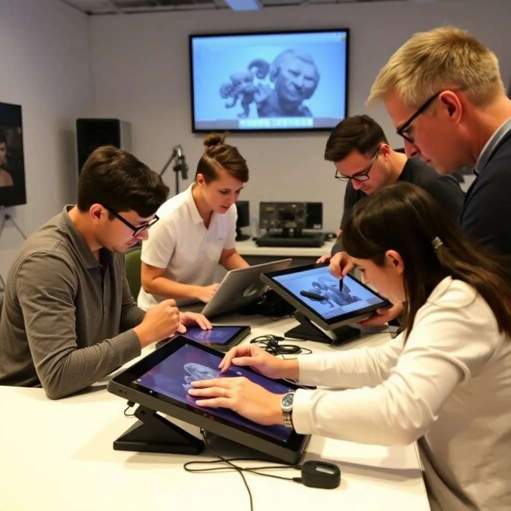 Artista español dibujando bocetos de personaje en tableta digital en estudio de Barcelona