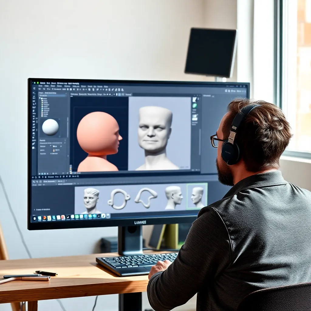 Artista digital trabajando en un modelo 3D en su estudio