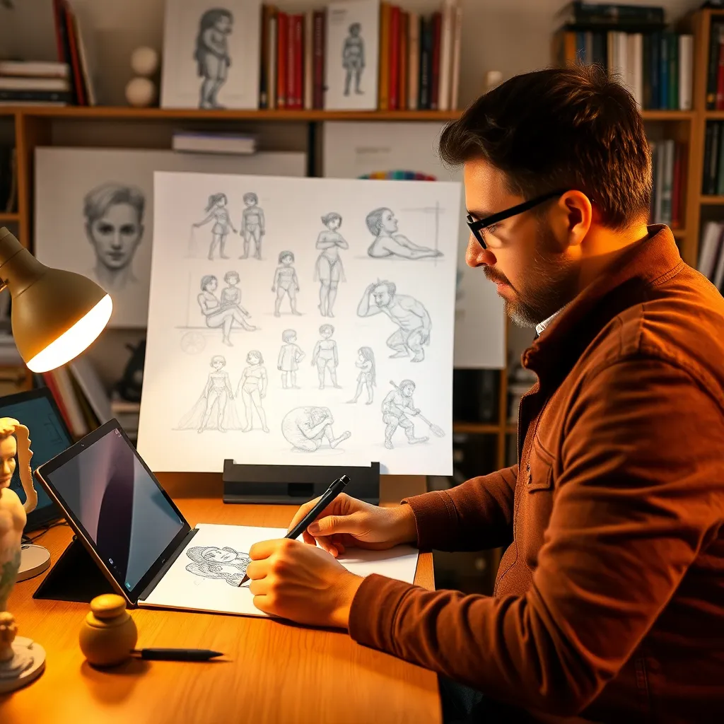 Artista dibujando bocetos tradicionales que luego convertirá en modelos 3D