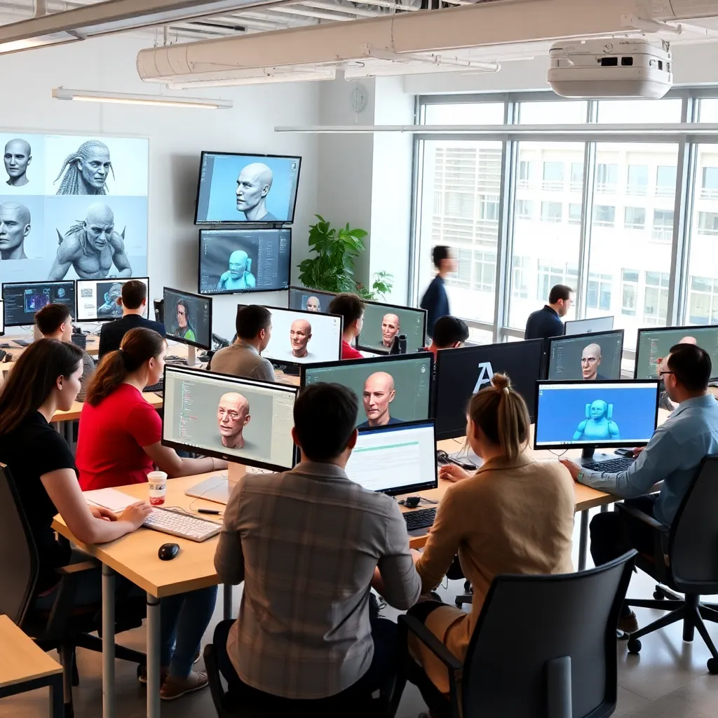 Estudiantes de escultura digital trabajando en un aula especializada