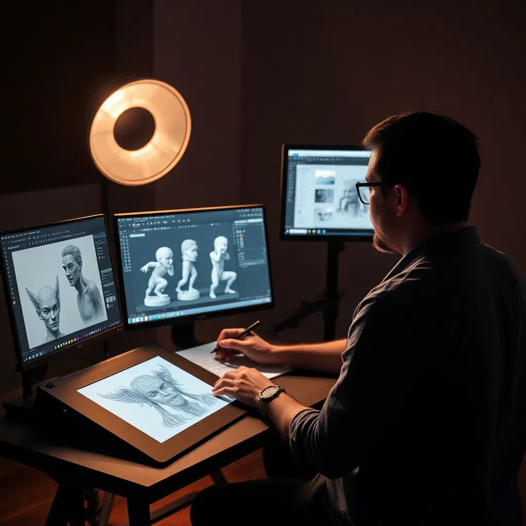 Artista dibujando bocetos tradicionales para diseño de personaje 3D
