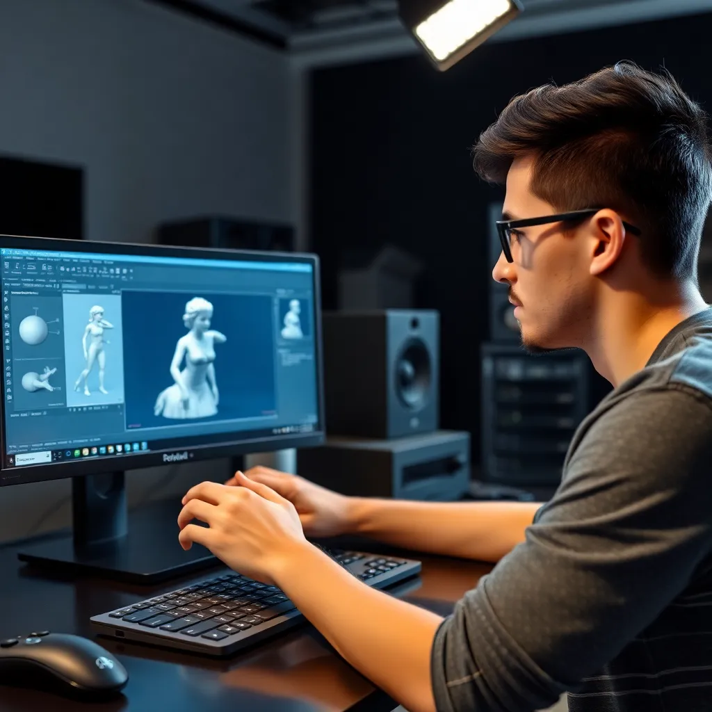 Estudiante español trabajando en modelado 3D en un estudio moderno