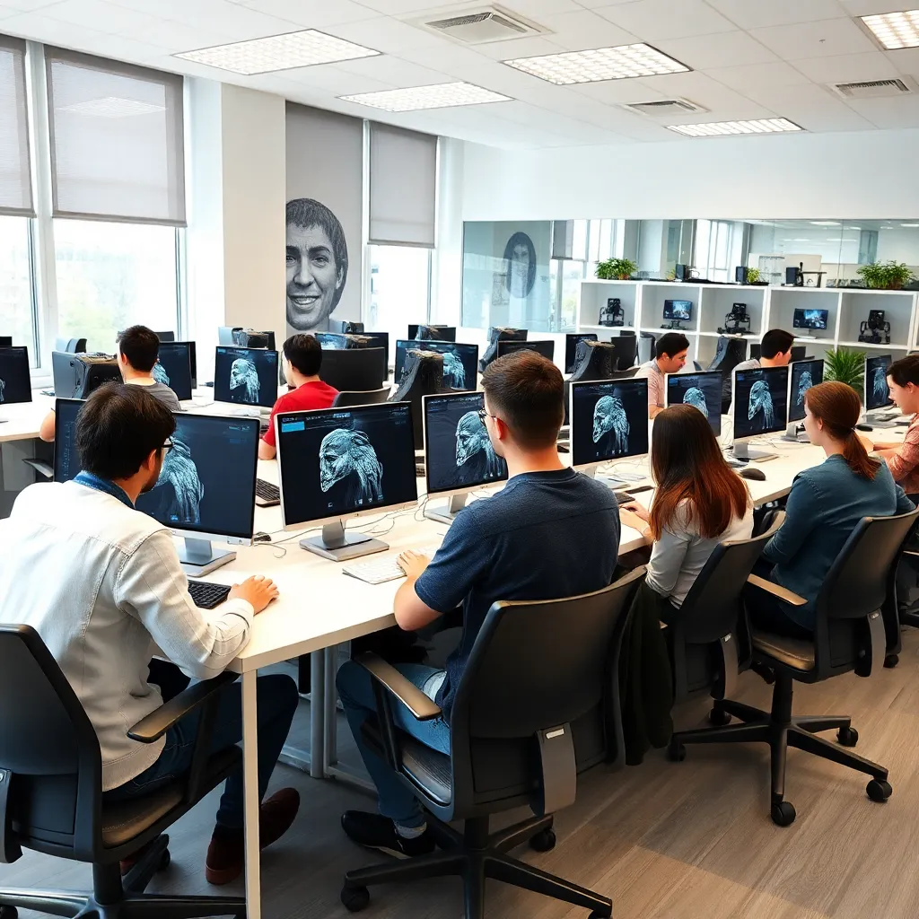 Escuela de escultura digital con estudiantes trabajando en laboratorio 3D
