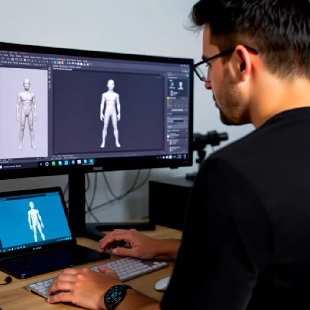 Artista ajustando la paleta de colores de un personaje 3D en software especializado