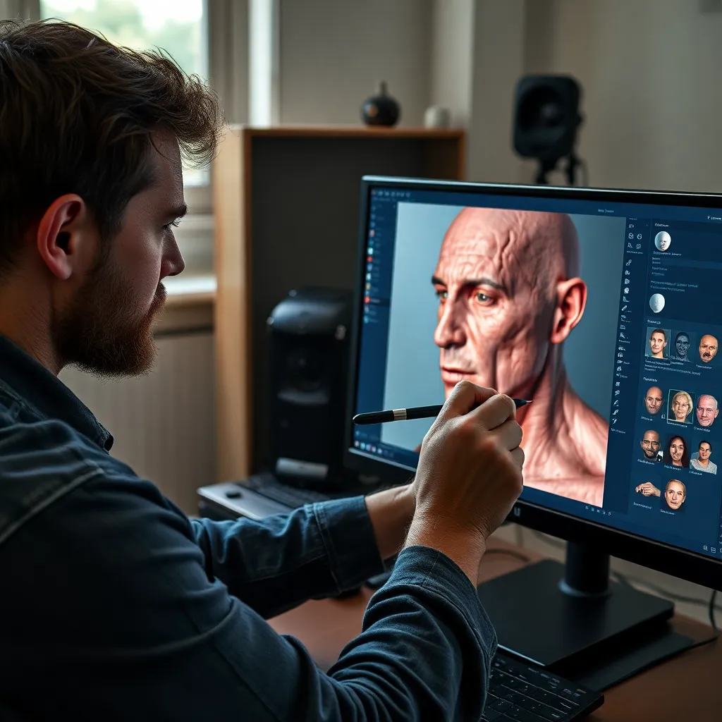 Artista digital trabajando en el diseño de un personaje 3D en su estudio