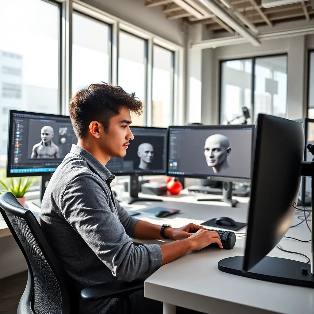 Estudiante español trabajando en un modelo 3D en un estudio de diseño moderno