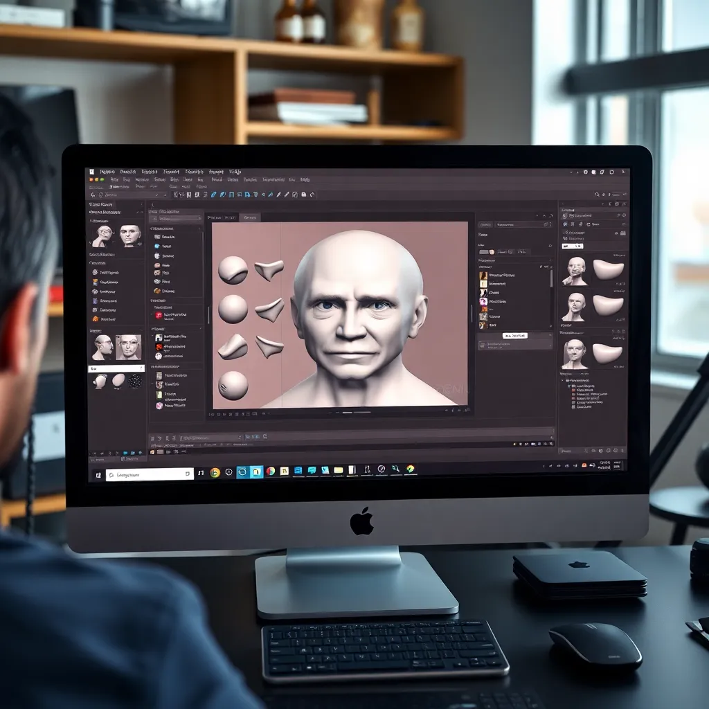 Interfaz de ZBrush mostrando un modelado de personaje detallado